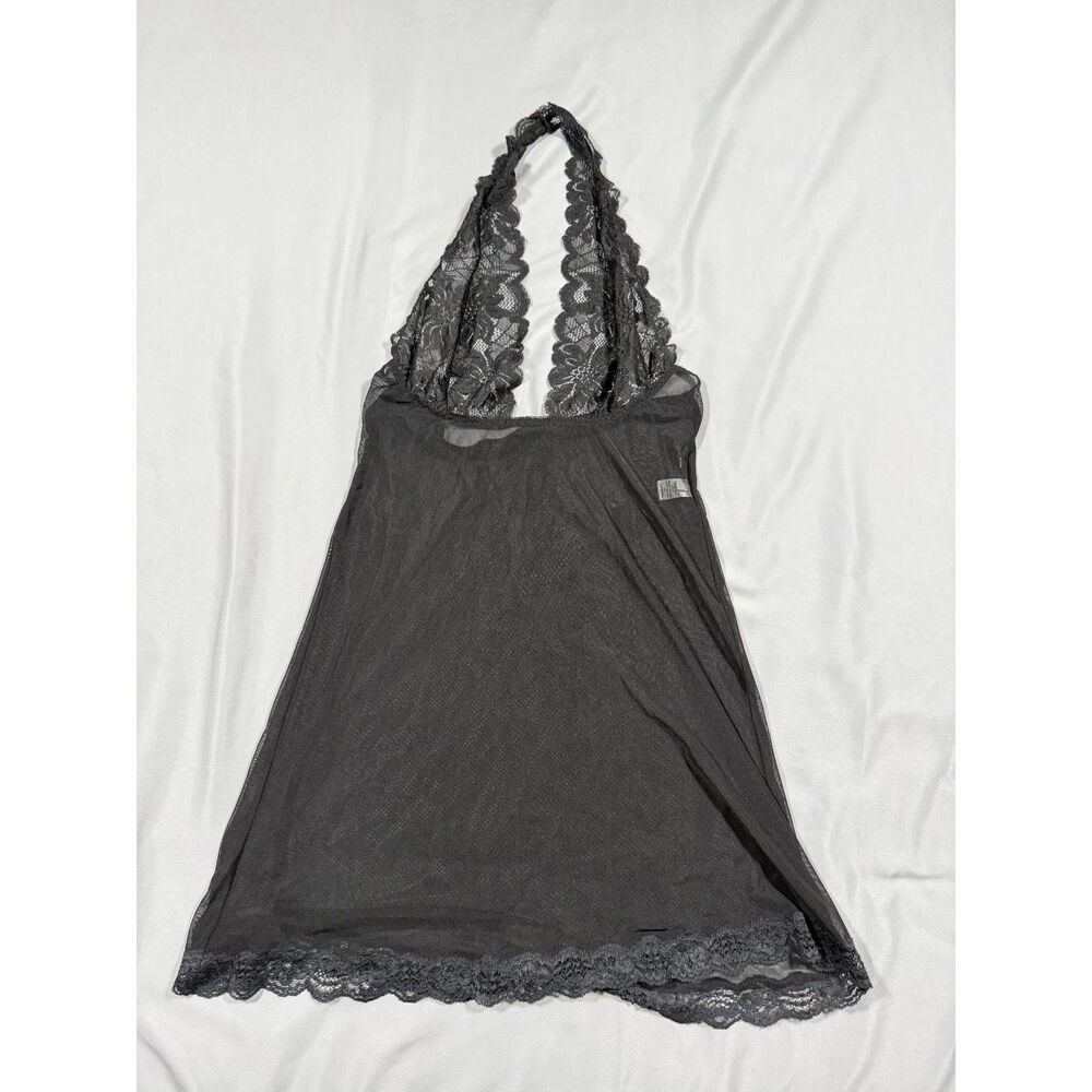 Frederick's of Hollywood Black Lace Halter Babydoll Mesh Vintage Lingerie Med